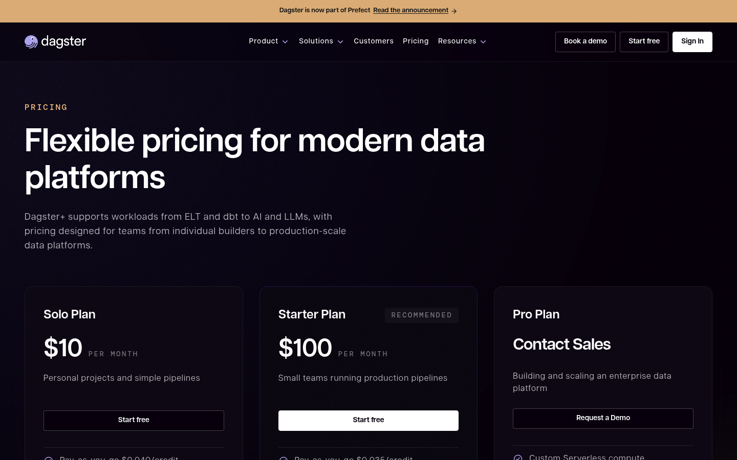Screenshot of Dagster's pricing page showing its plans and prices
