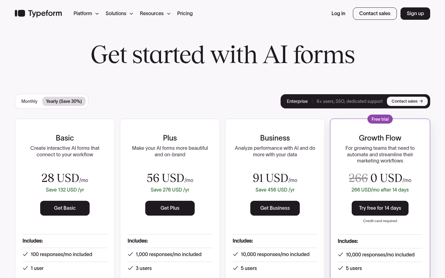 Screenshot of Typeform's pricing page showing its plans and prices