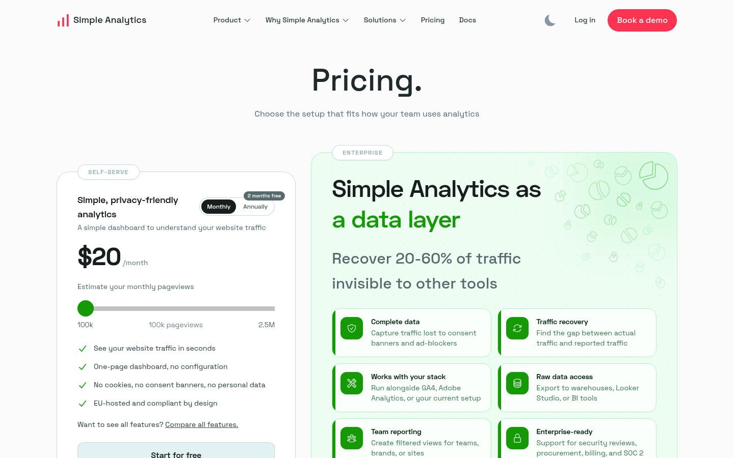 Screenshot of Simple Analytics's pricing page showing its plans and prices