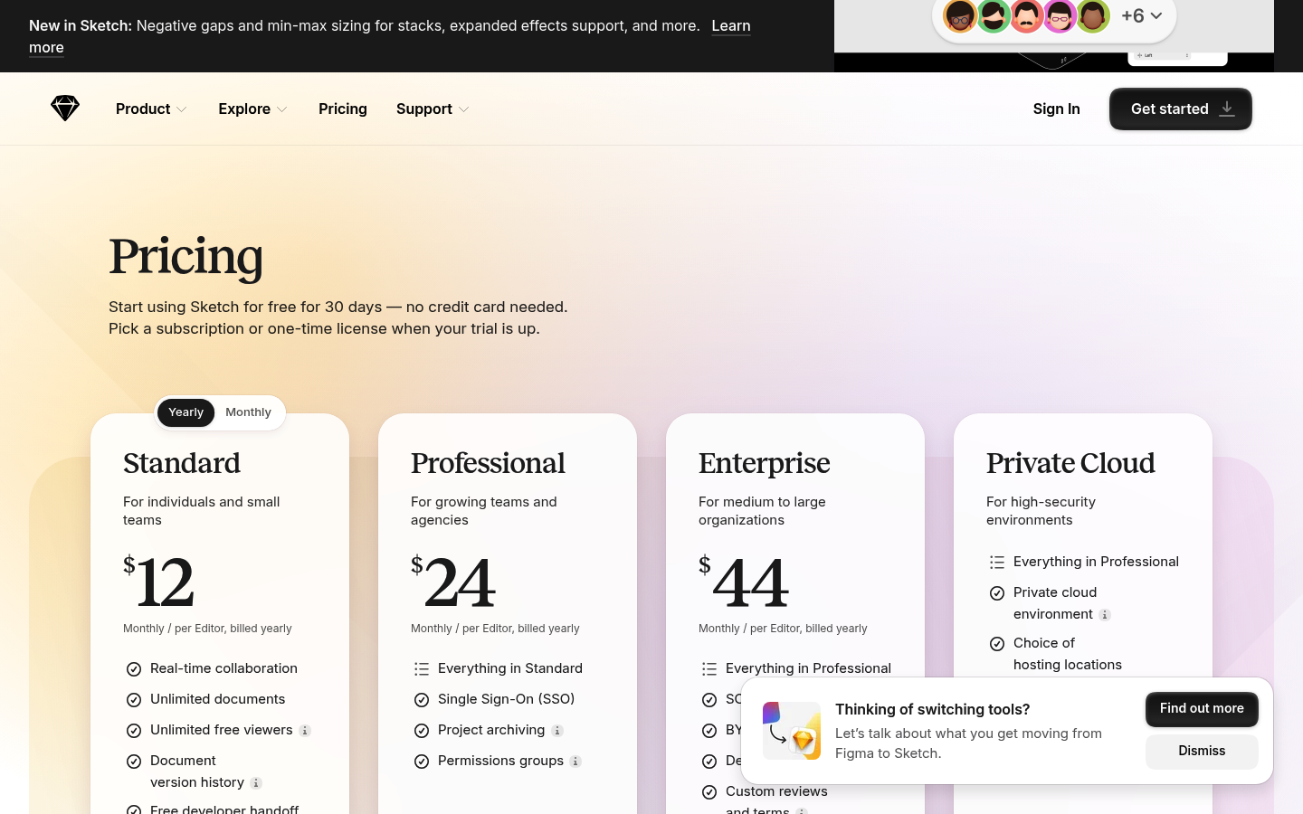 Screenshot of Sketch's pricing page showing its plans and prices