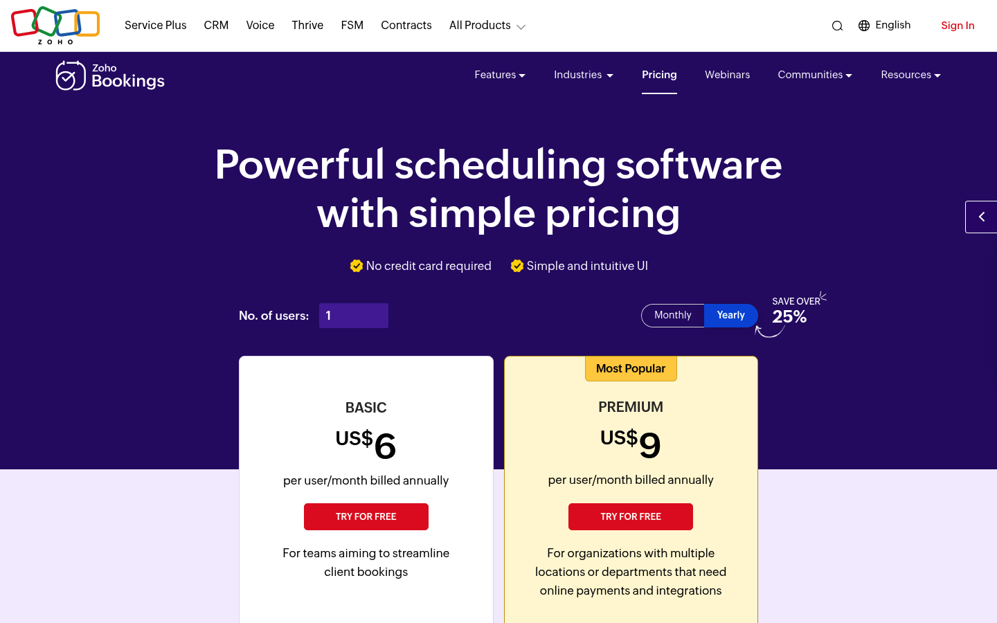 Screenshot of Zoho Bookings's pricing page showing its plans and prices