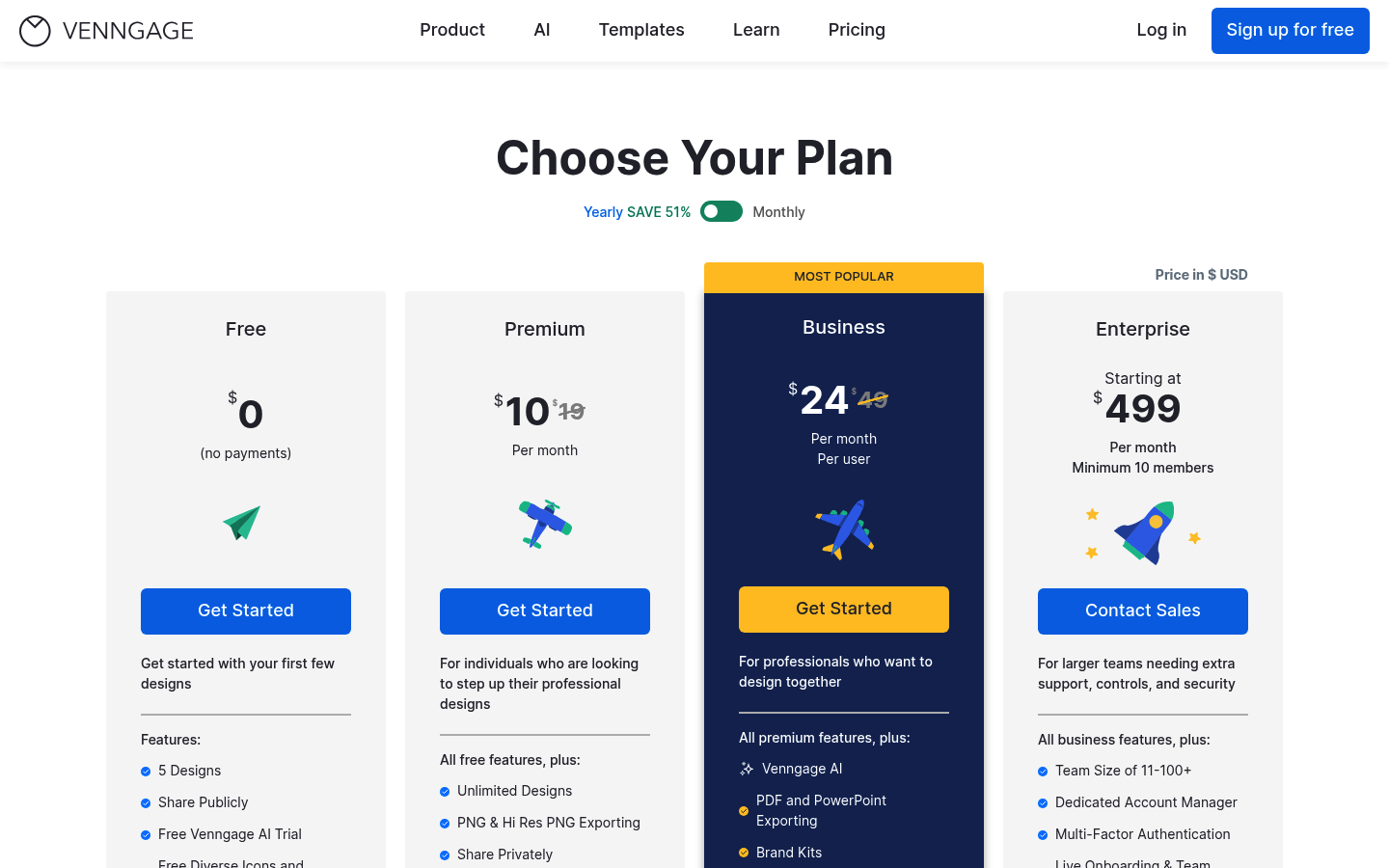 Screenshot of Venngage's pricing page showing its plans and prices