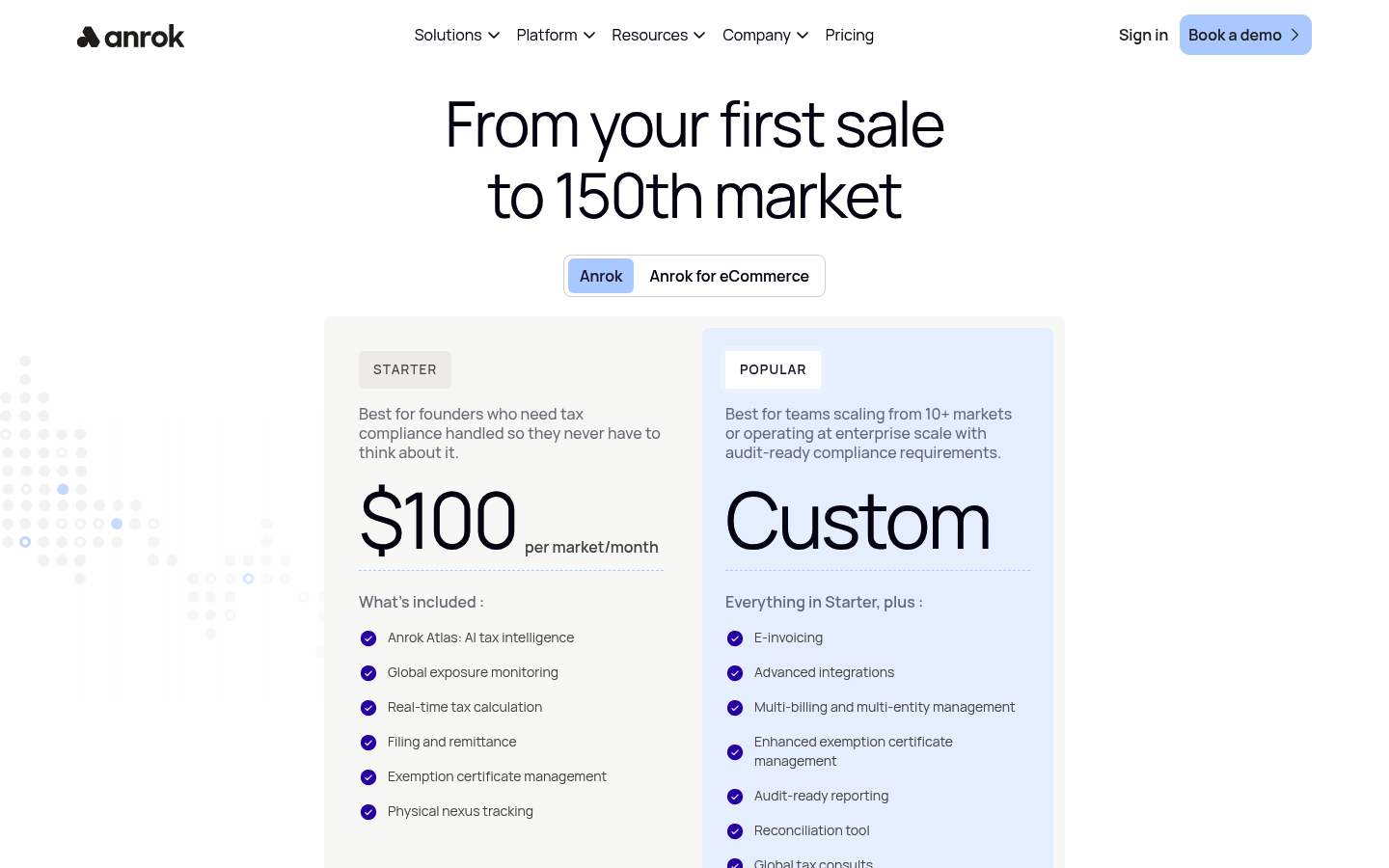 Screenshot of Anrok's pricing page showing its plans and prices