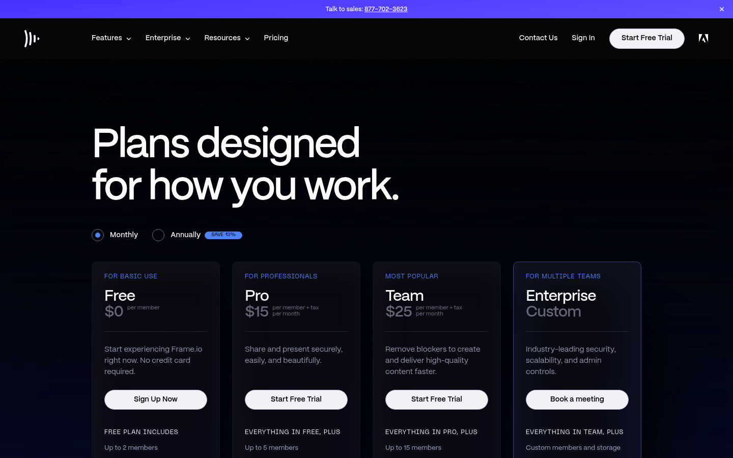 Screenshot of Frame.io's pricing page showing its plans and prices