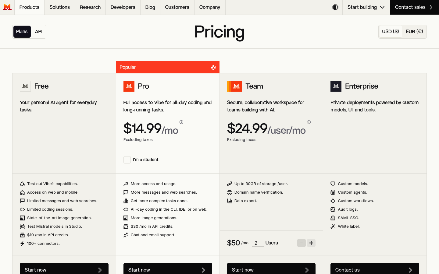 Screenshot of Mistral AI's pricing page showing its plans and prices