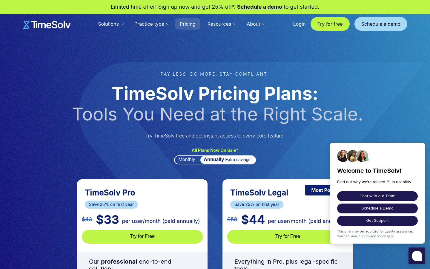 Screenshot of TimeSolv's pricing page showing its plans and prices