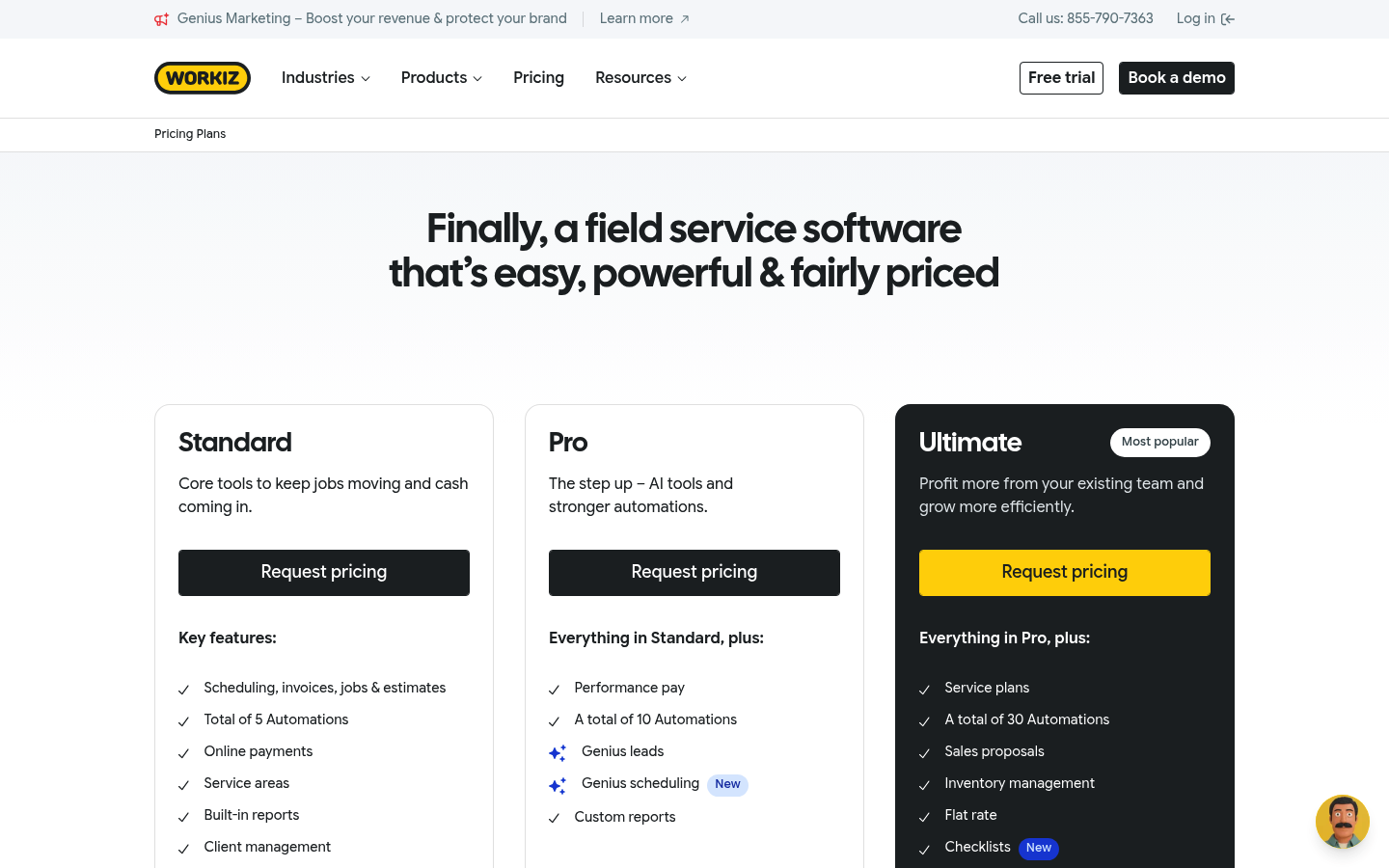 Screenshot of Workiz's pricing page showing its plans and prices