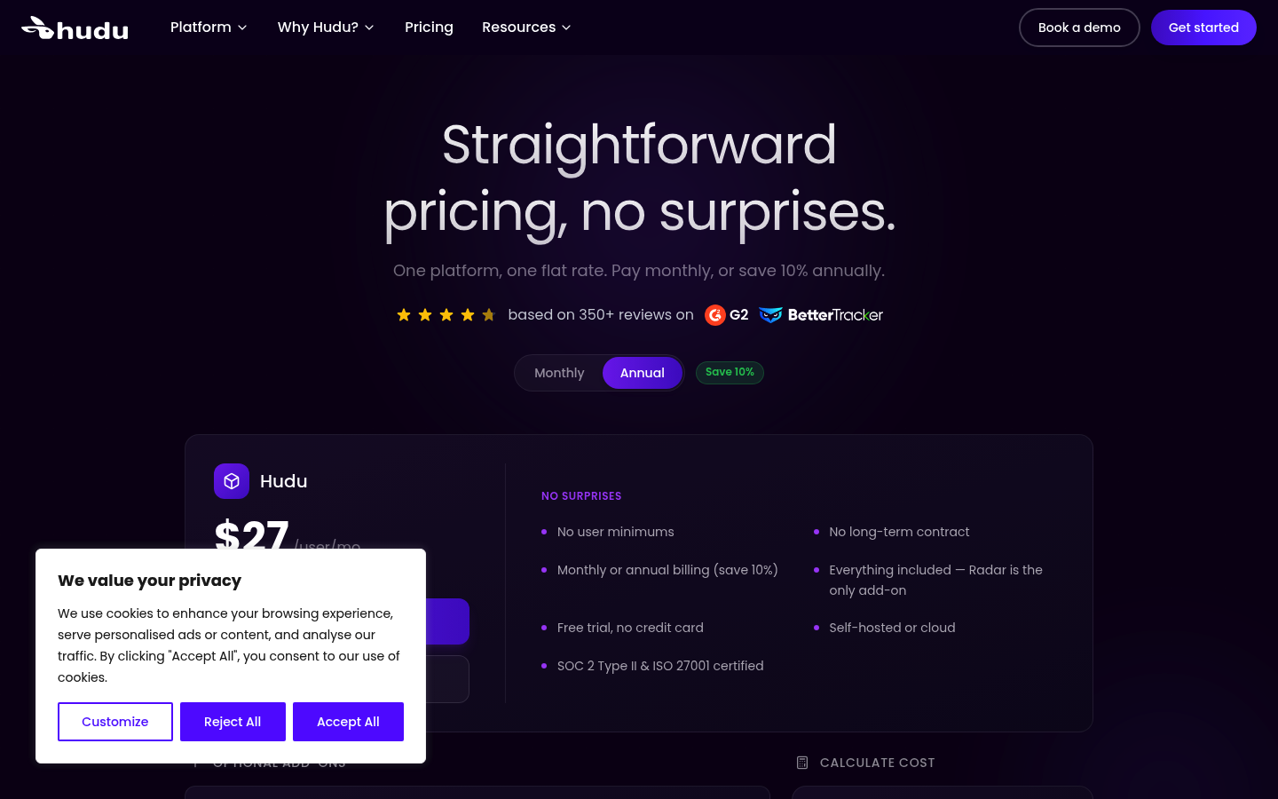Screenshot of Hudu's pricing page showing its plans and prices