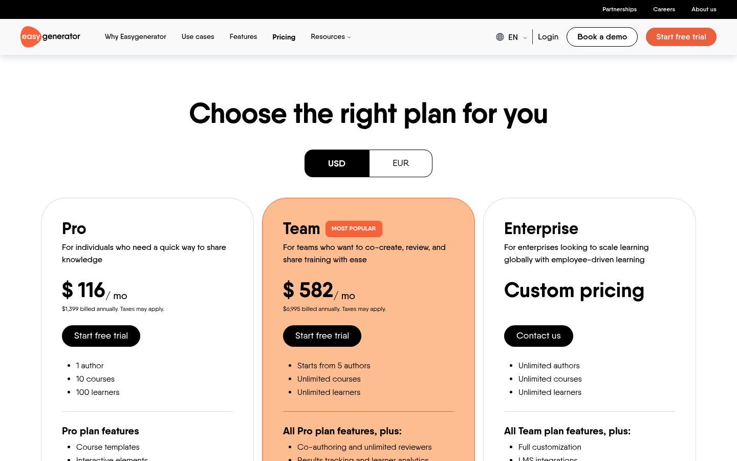 Screenshot of Easygenerator's pricing page showing its plans and prices