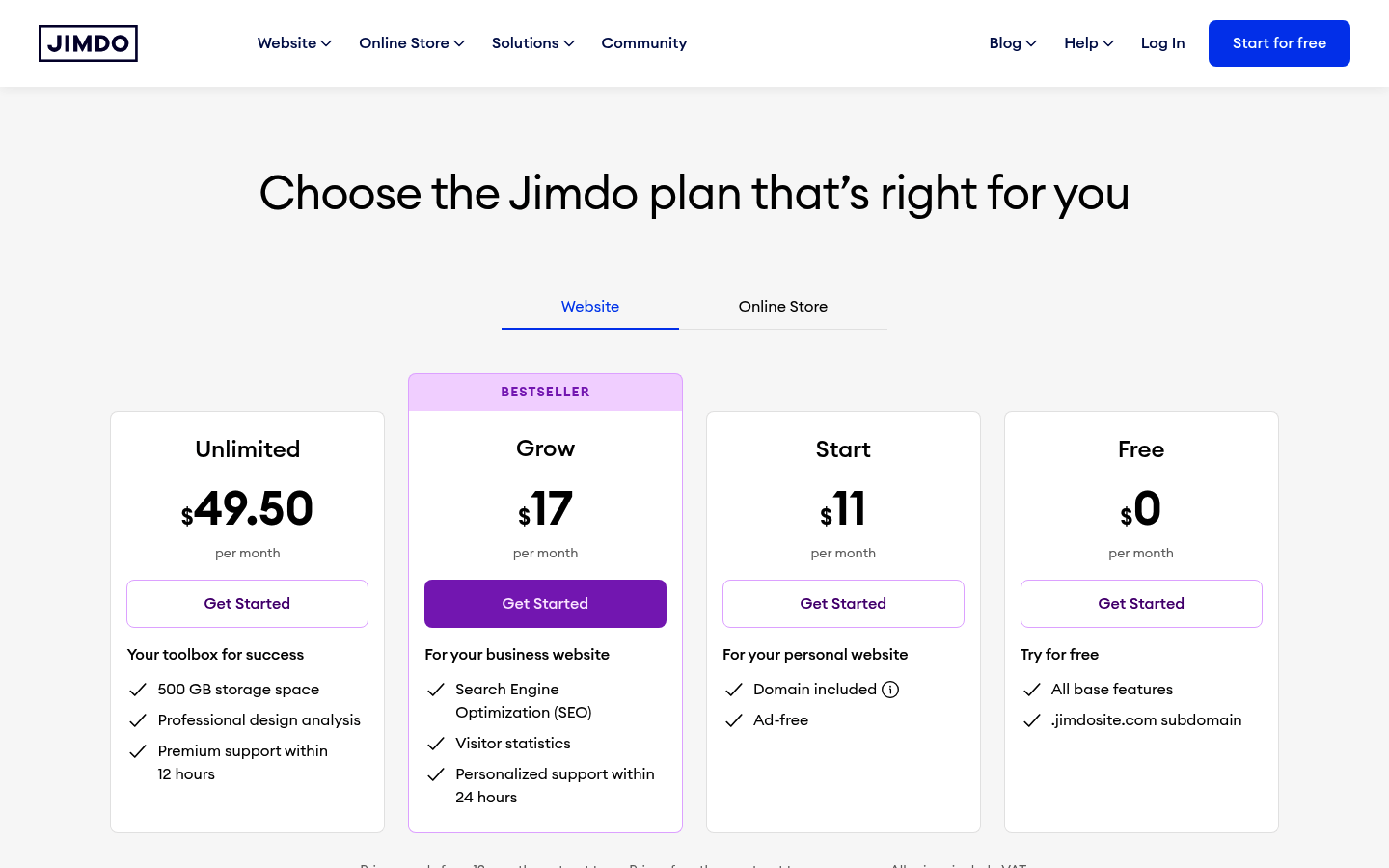 Screenshot of Jimdo's pricing page showing its plans and prices
