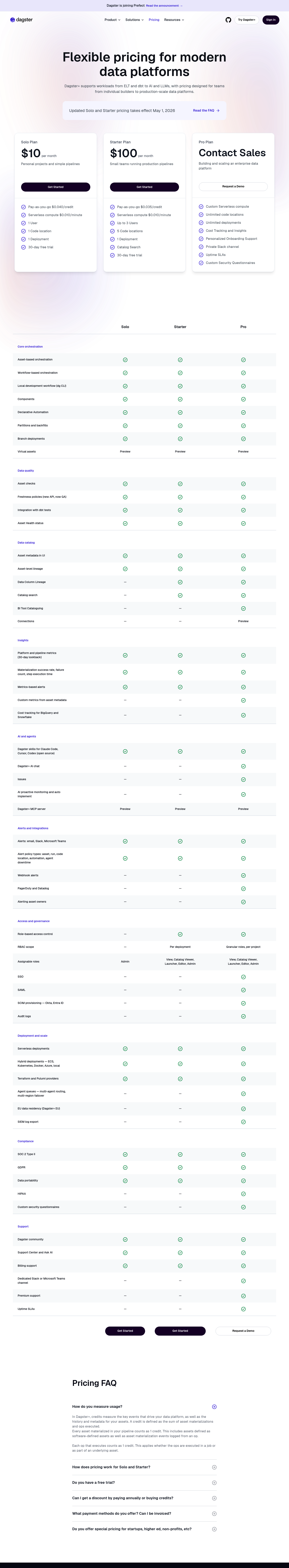 Screenshot of Dagster's pricing page showing its plans and prices