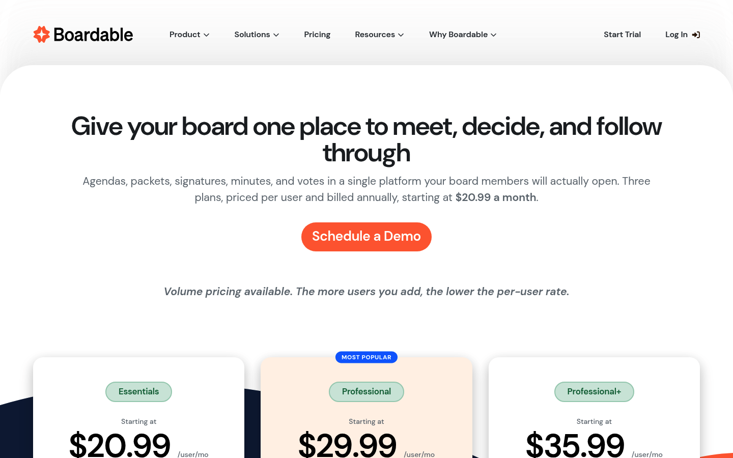 Screenshot of Boardable's pricing page showing its plans and prices