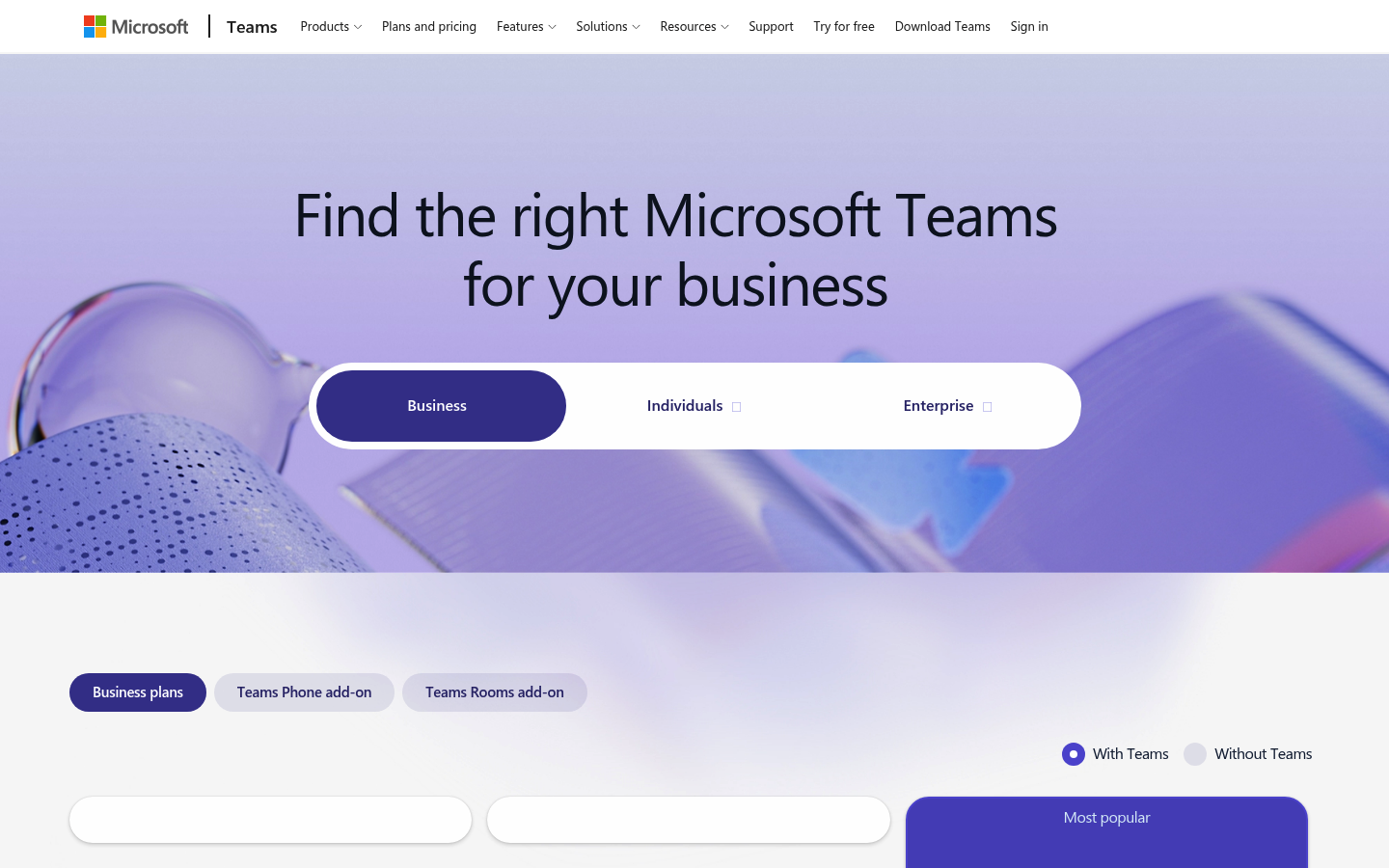 Screenshot of Microsoft Teams's pricing page showing its plans and prices