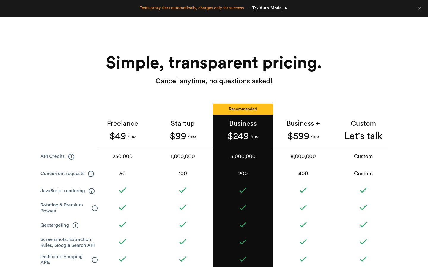 Screenshot of ScrapingBee's pricing page showing its plans and prices