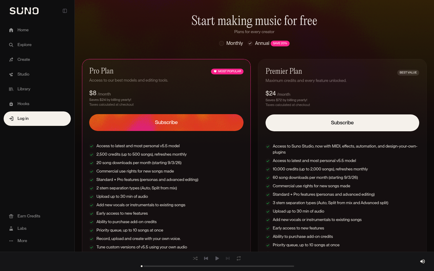 Screenshot of Suno's pricing page showing its plans and prices