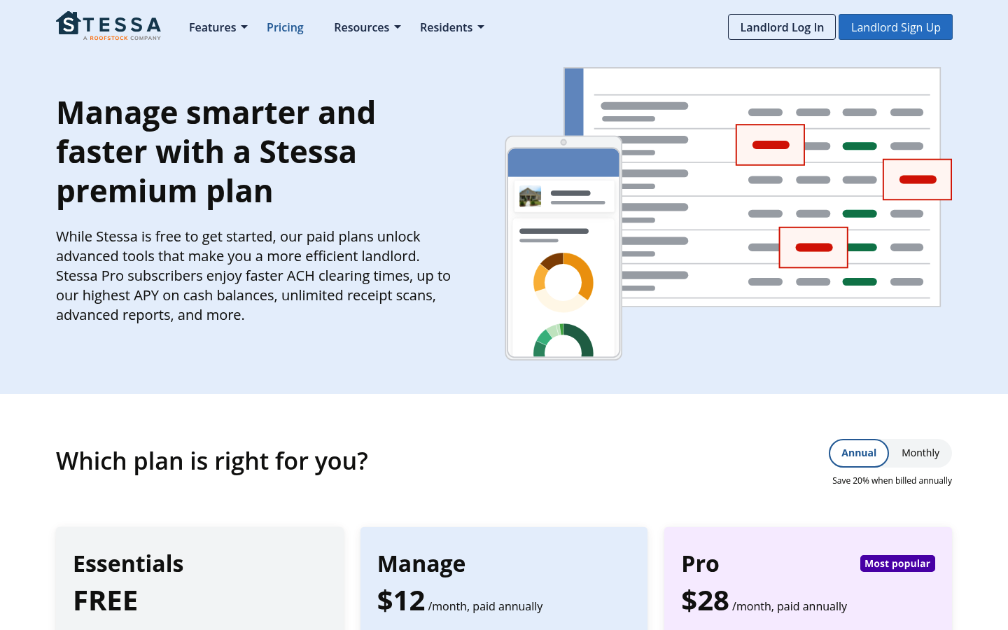 Screenshot of Stessa's pricing page showing its plans and prices