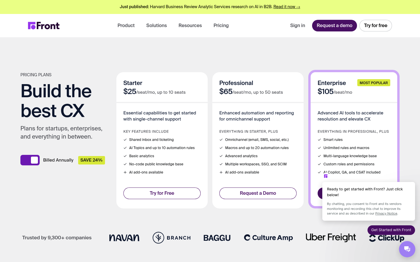 Screenshot of Front's pricing page showing its plans and prices