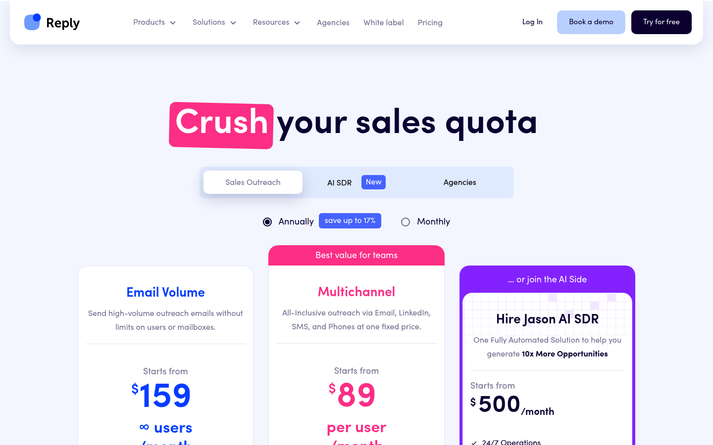 Screenshot of Reply.io's pricing page showing its plans and prices