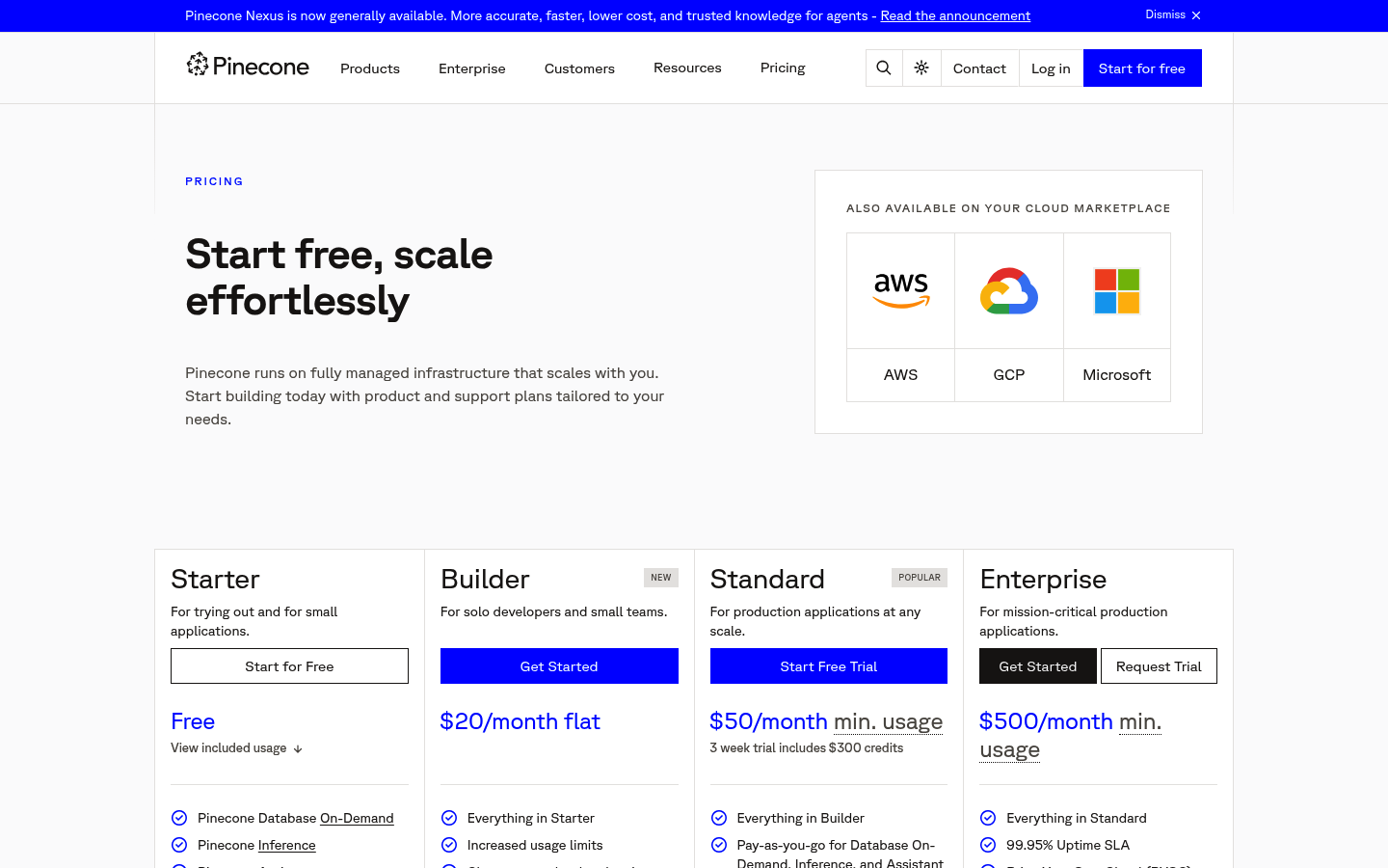 Screenshot of Pinecone's pricing page showing its plans and prices