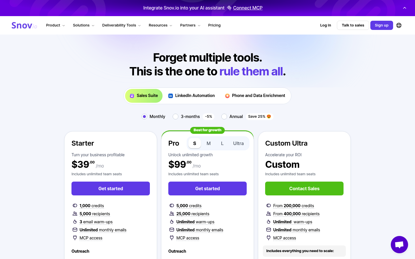 Screenshot of Snov.io's pricing page showing its plans and prices