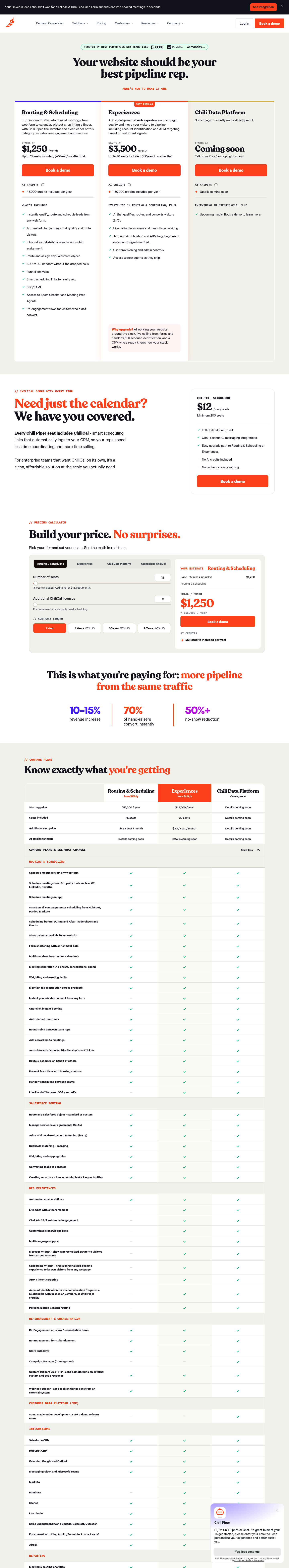 Screenshot of Chili Piper's pricing page showing its plans and prices
