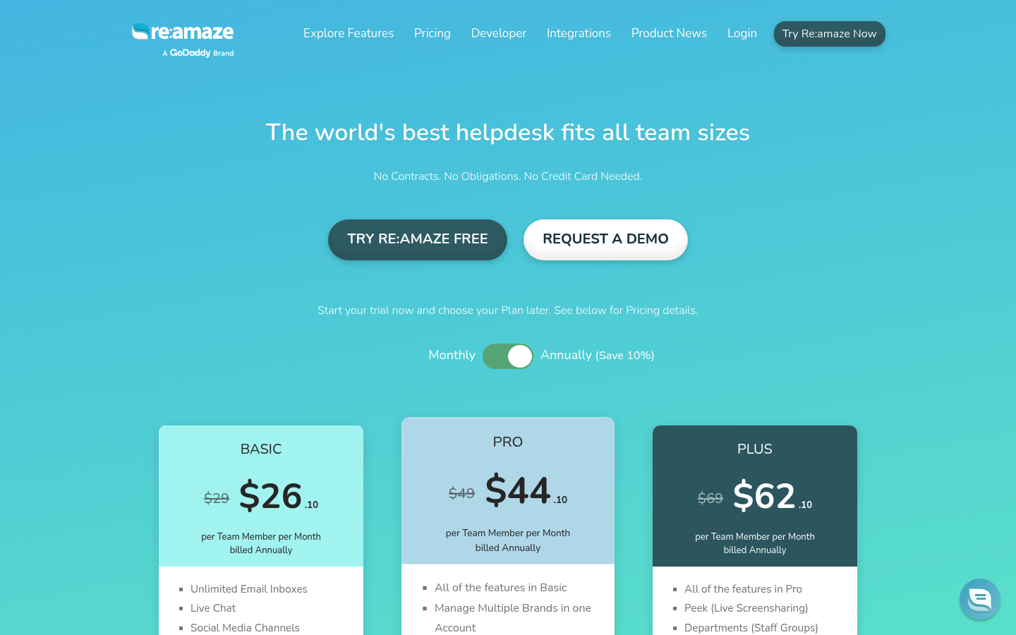 Screenshot of Re:amaze's pricing page showing its plans and prices