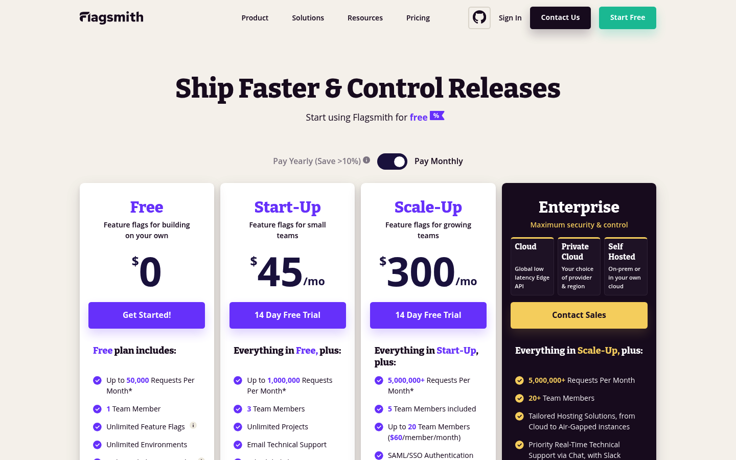 Screenshot of Flagsmith's pricing page showing its plans and prices
