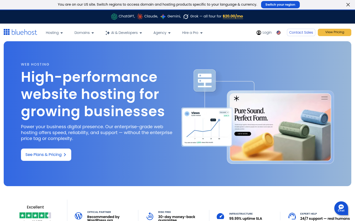 Screenshot of Bluehost's pricing page showing its plans and prices
