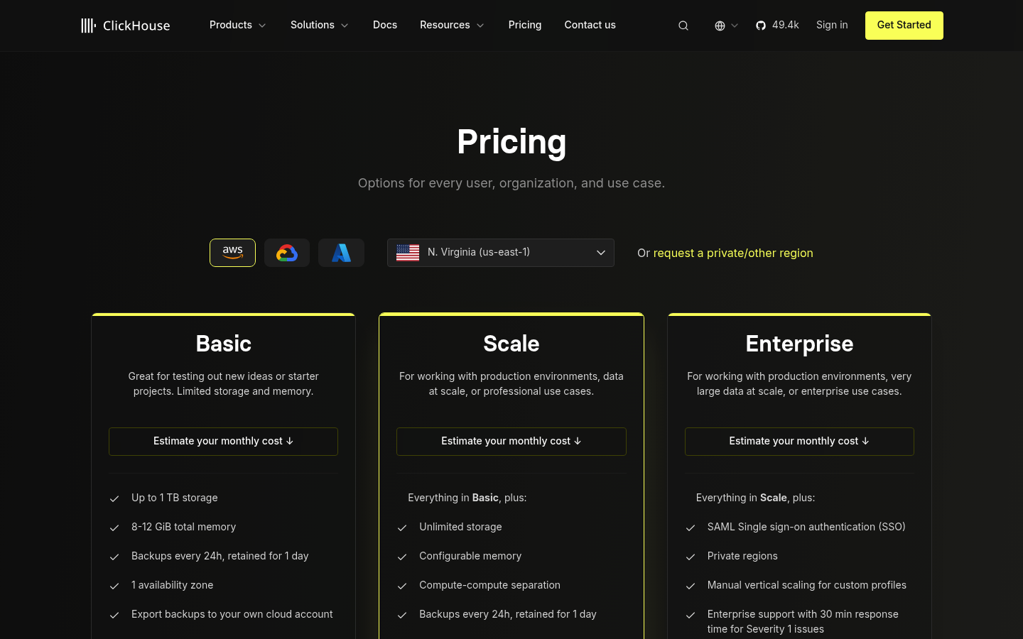 Screenshot of ClickHouse's pricing page showing its plans and prices