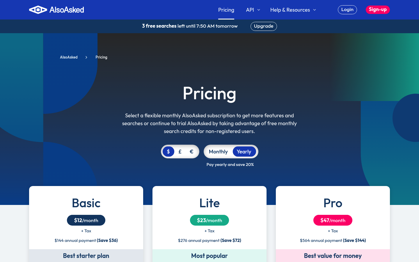 Screenshot of AlsoAsked's pricing page showing its plans and prices