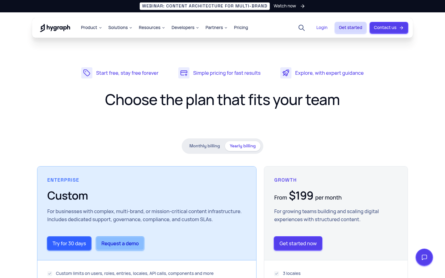 Screenshot of Hygraph's pricing page showing its plans and prices