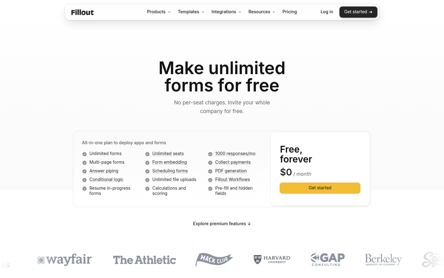 Screenshot of Fillout's pricing page showing its plans and prices