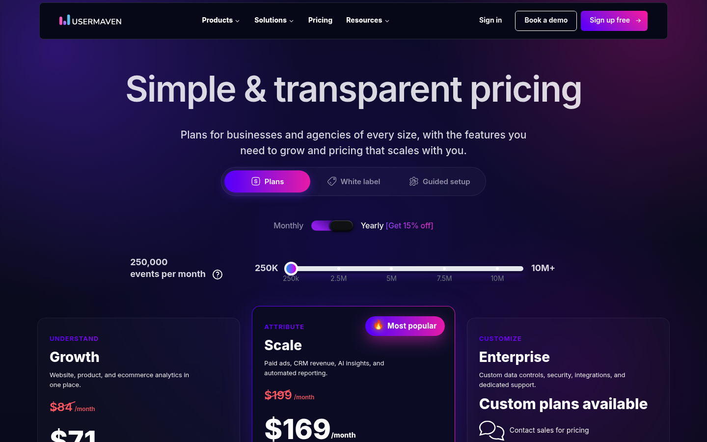Screenshot of Usermaven's pricing page showing its plans and prices