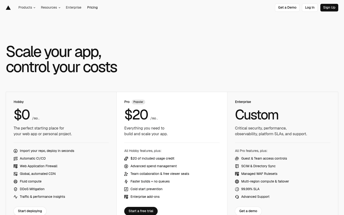 Screenshot of Vercel's pricing page showing its plans and prices