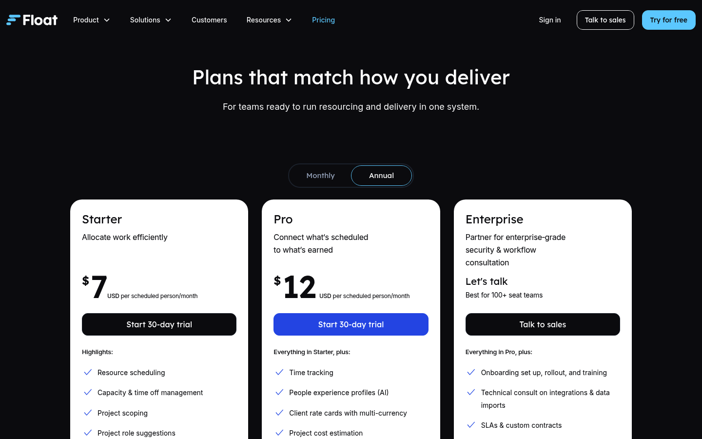 Screenshot of Float's pricing page showing its plans and prices