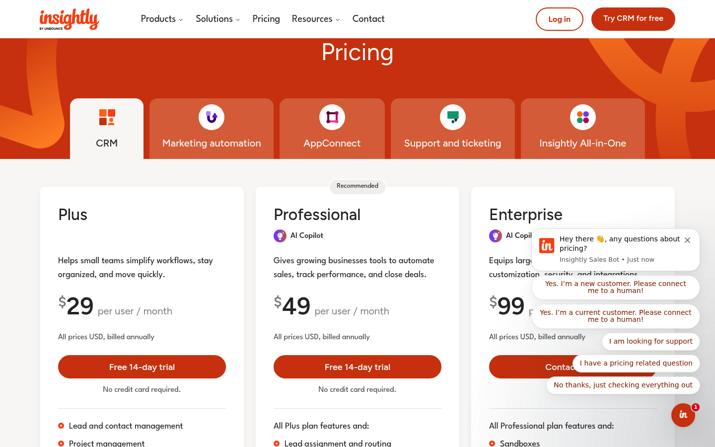 Screenshot of Insightly's pricing page showing its plans and prices