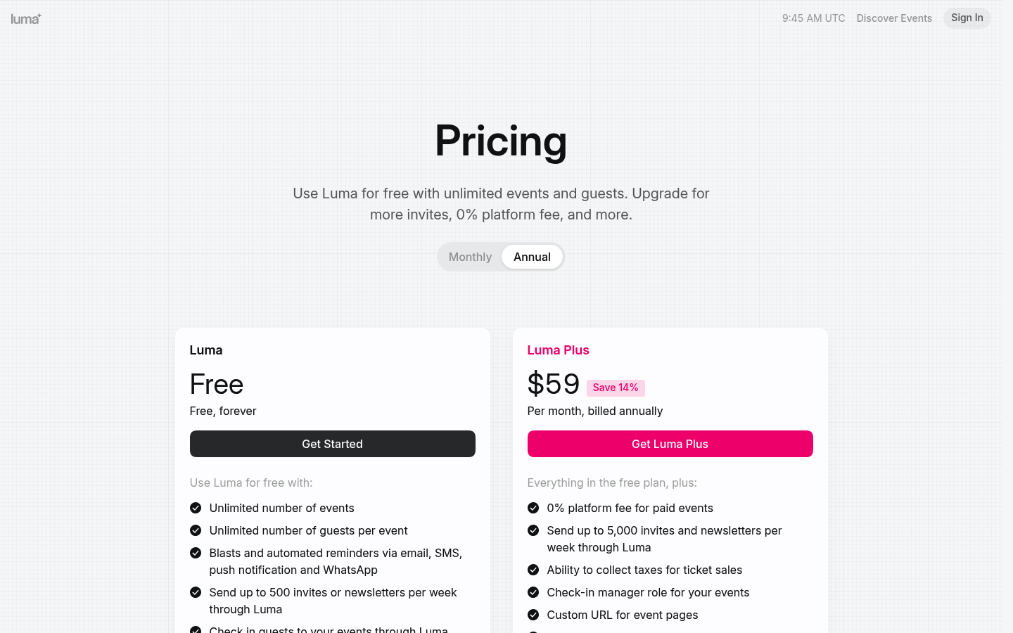 Screenshot of Luma's pricing page showing its plans and prices