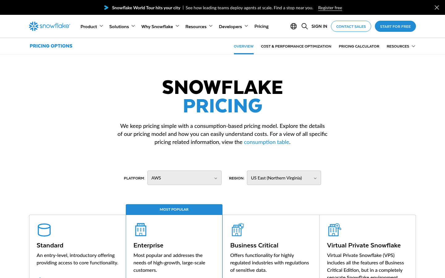 Screenshot of Snowflake's pricing page showing its plans and prices