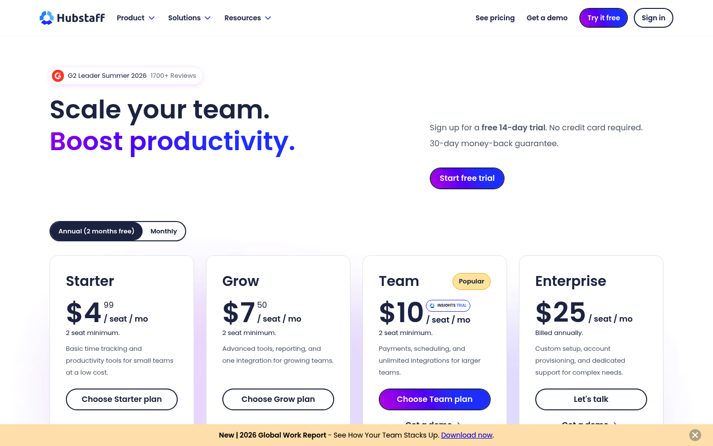 Screenshot of Hubstaff's pricing page showing its plans and prices