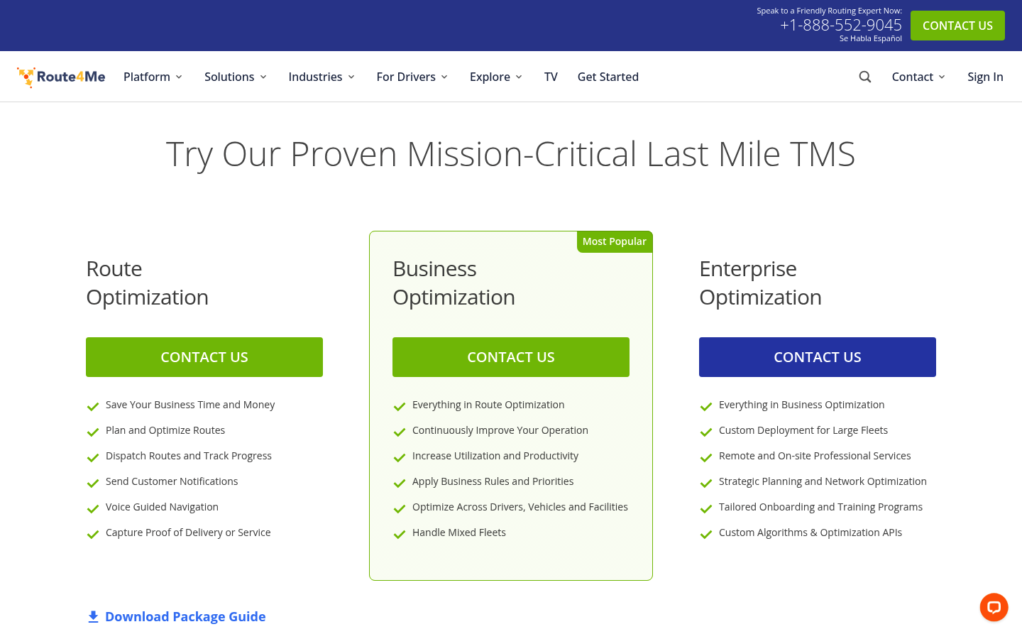 Screenshot of Route4Me's pricing page showing its plans and prices