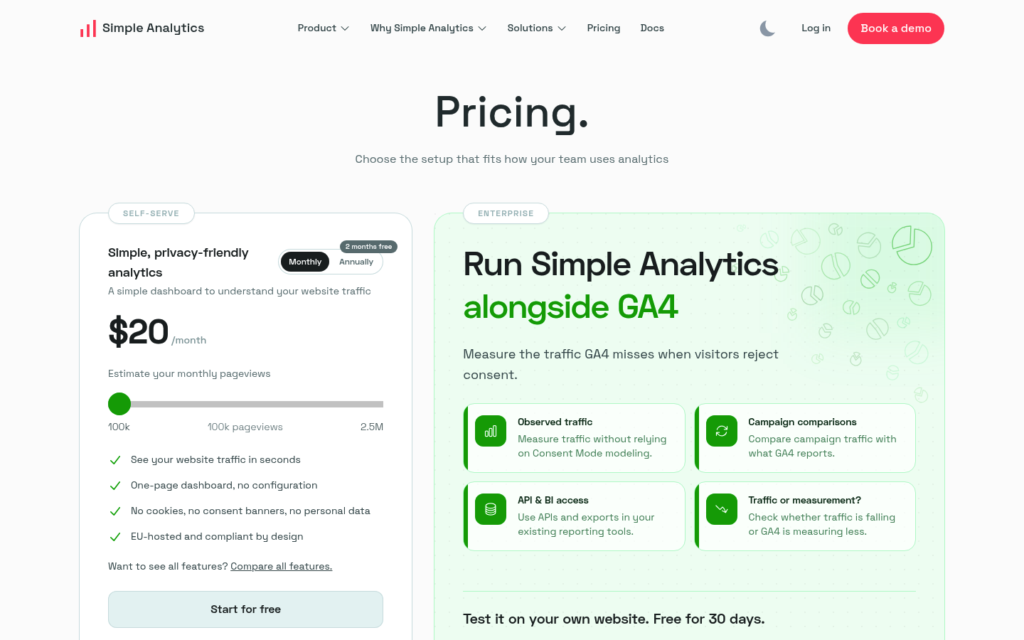 Screenshot of Simple Analytics's pricing page showing its plans and prices