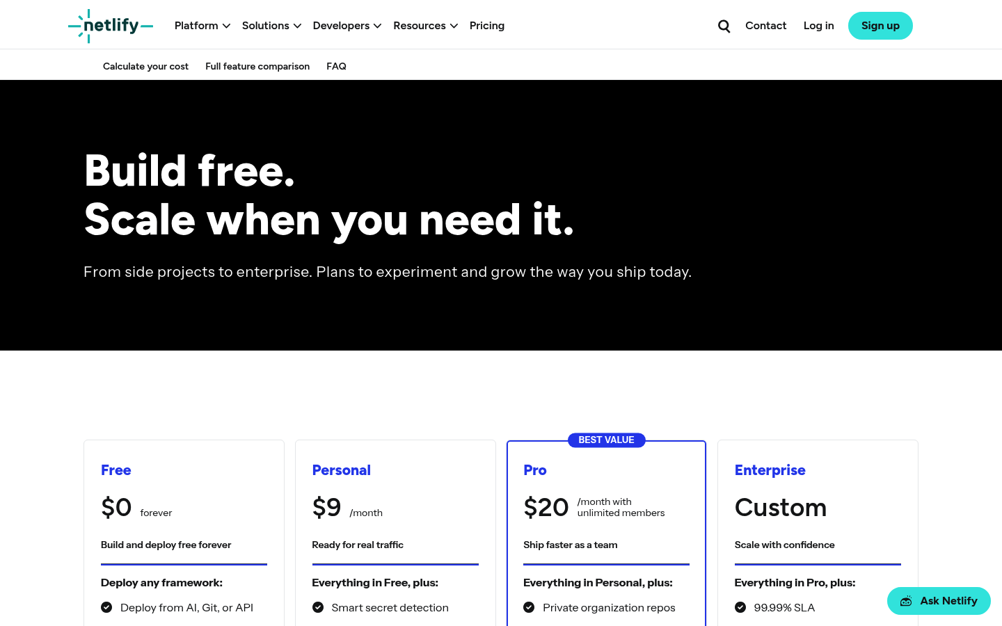 Screenshot of Netlify's pricing page showing its plans and prices