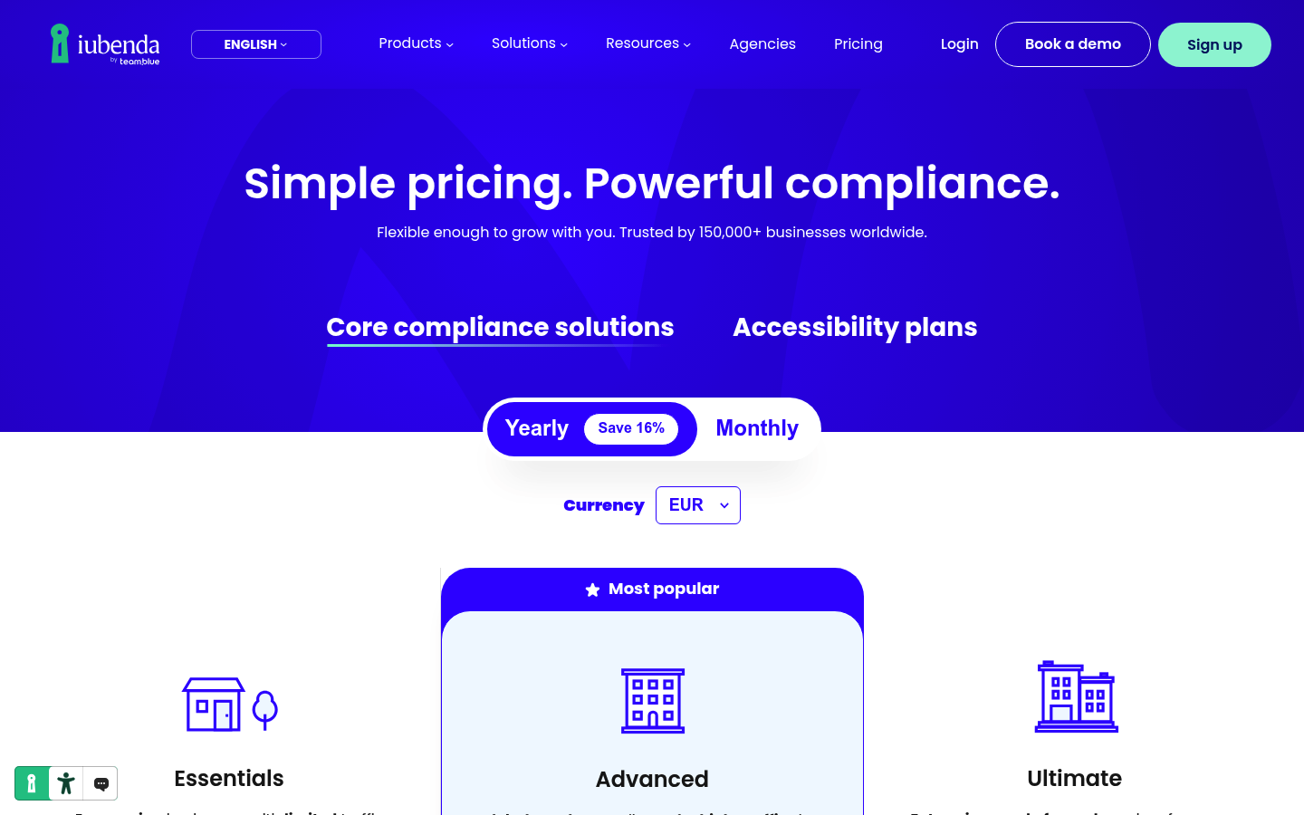 Screenshot of Iubenda's pricing page showing its plans and prices