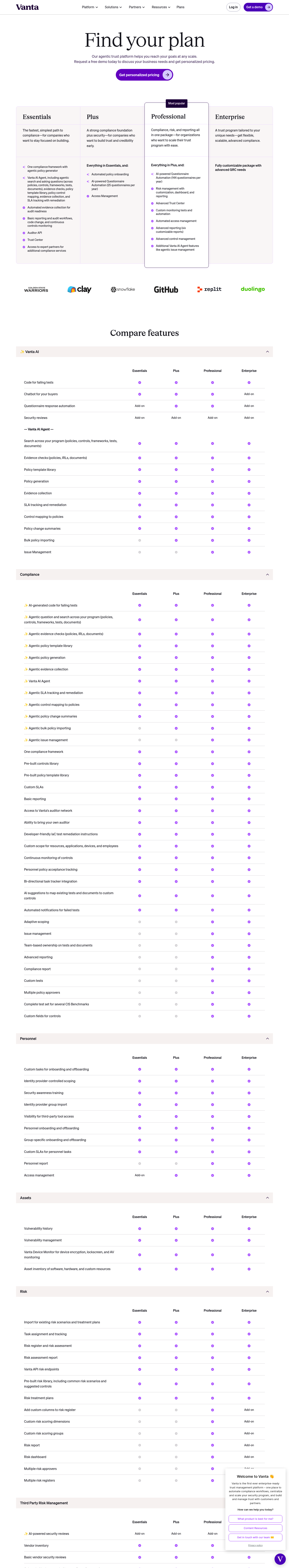Screenshot of Vanta's pricing page showing its plans and prices