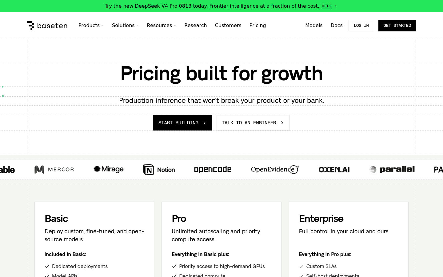 Screenshot of Baseten's pricing page showing its plans and prices