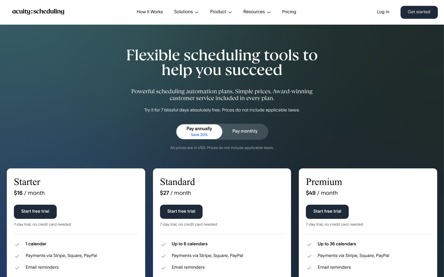 Screenshot of Acuity Scheduling's pricing page showing its plans and prices