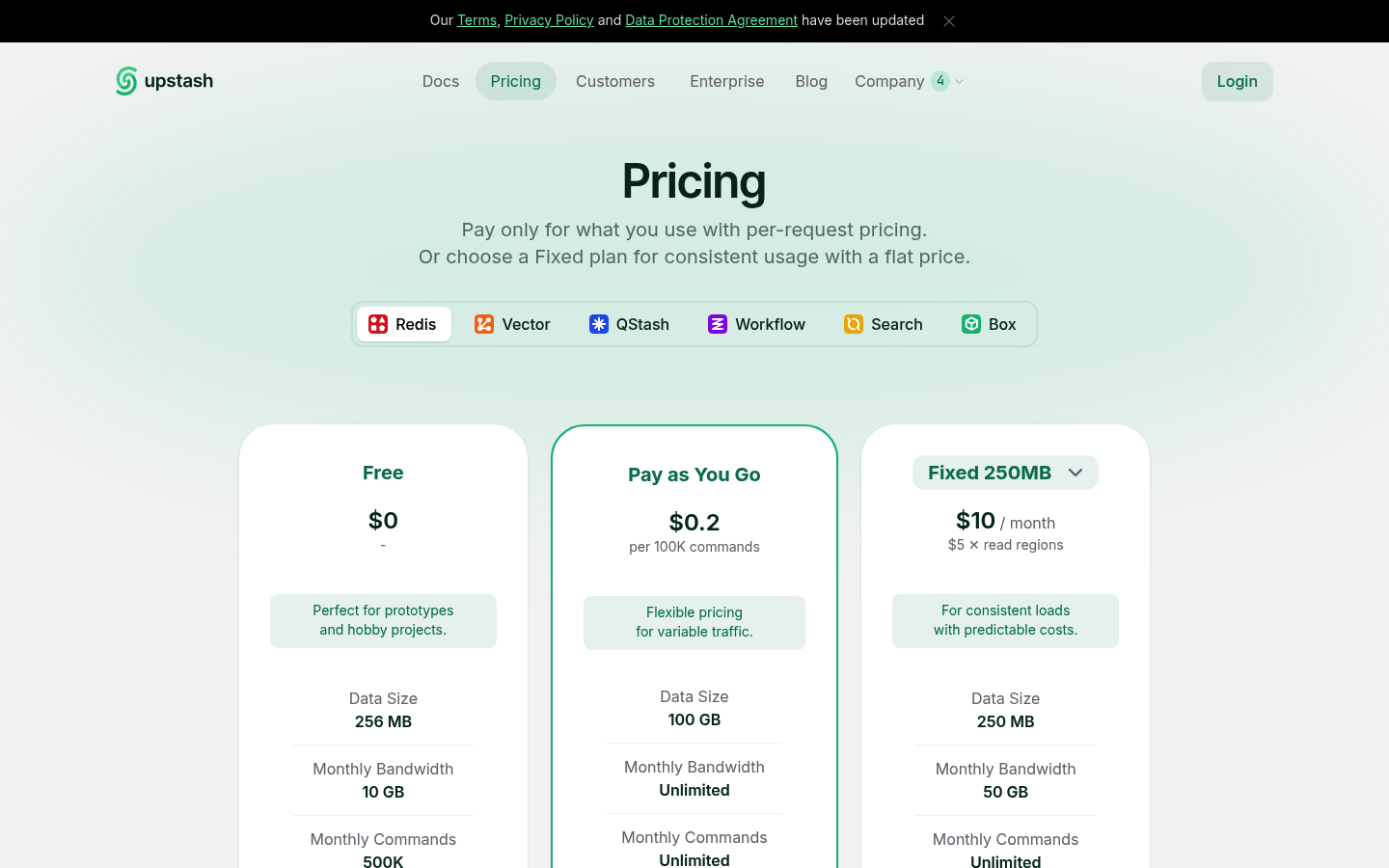Screenshot of Upstash's pricing page showing its plans and prices