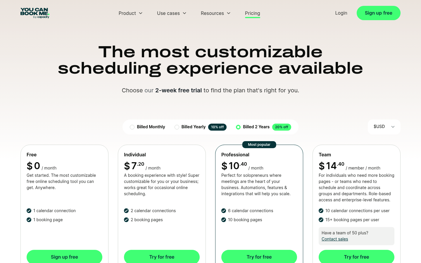 Screenshot of YouCanBookMe's pricing page showing its plans and prices