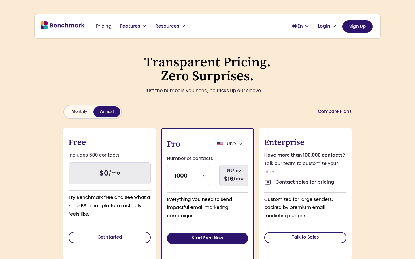 Screenshot of Benchmark Email's pricing page showing its plans and prices