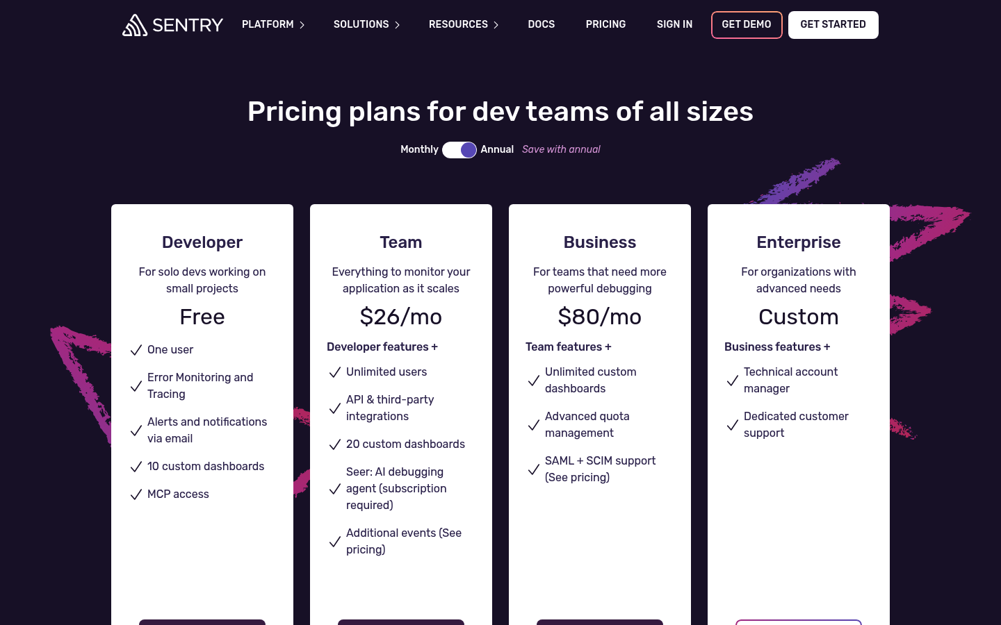 Screenshot of Sentry's pricing page showing its plans and prices